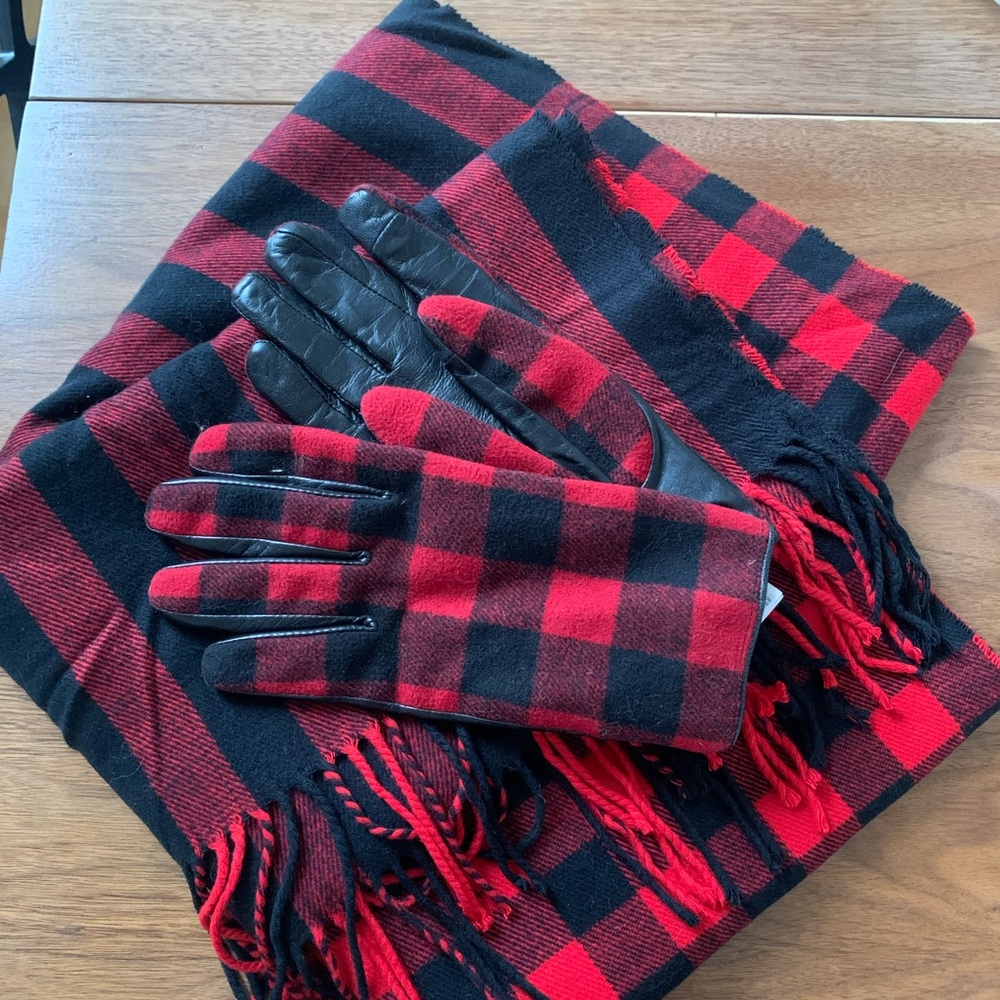 GAP Red and Black Plaid Scarf and Gloves Set